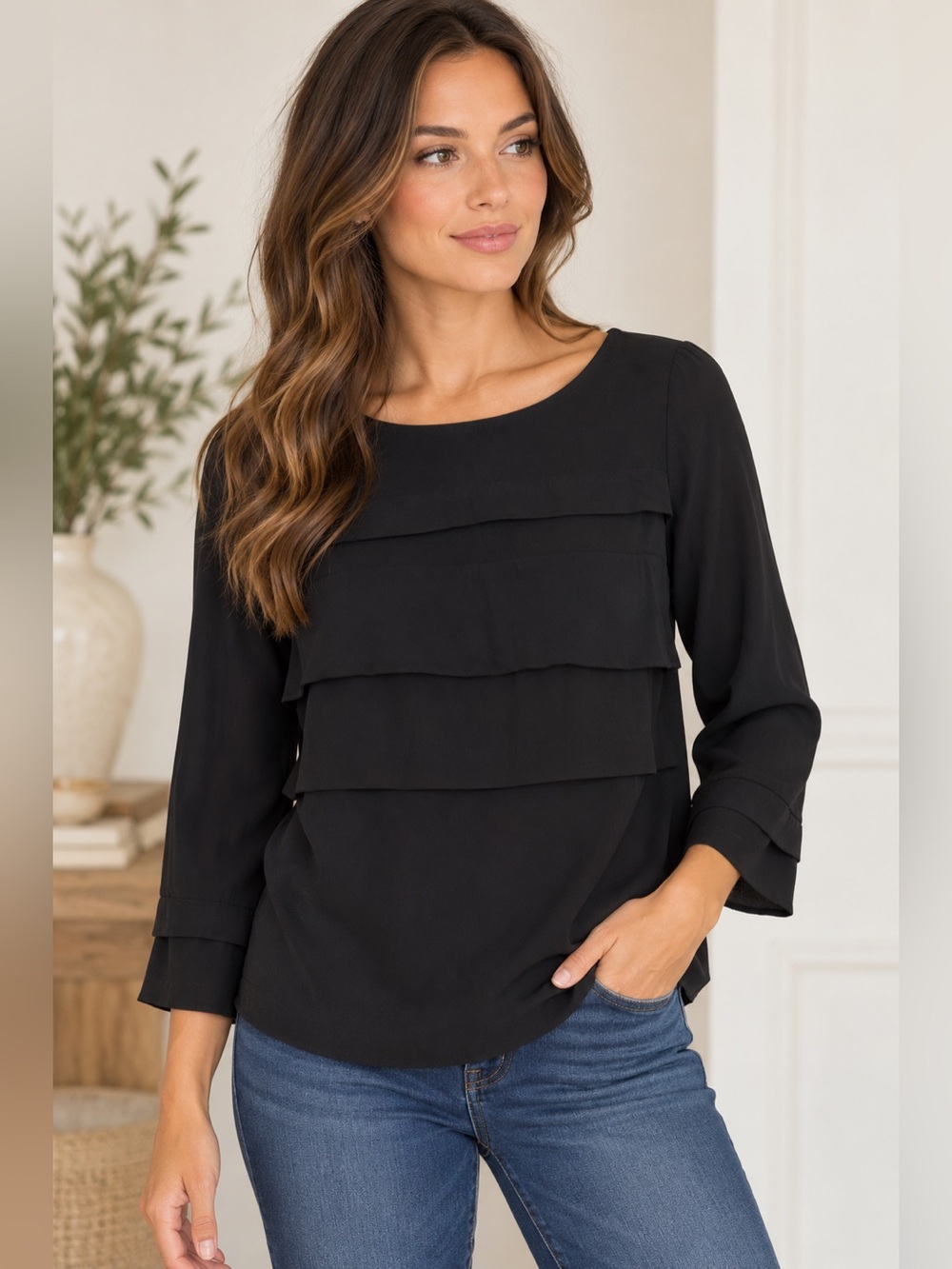 COS Wome’s Black Wool Blend Long Sleeve Layered minimalist casual Blouse Size S